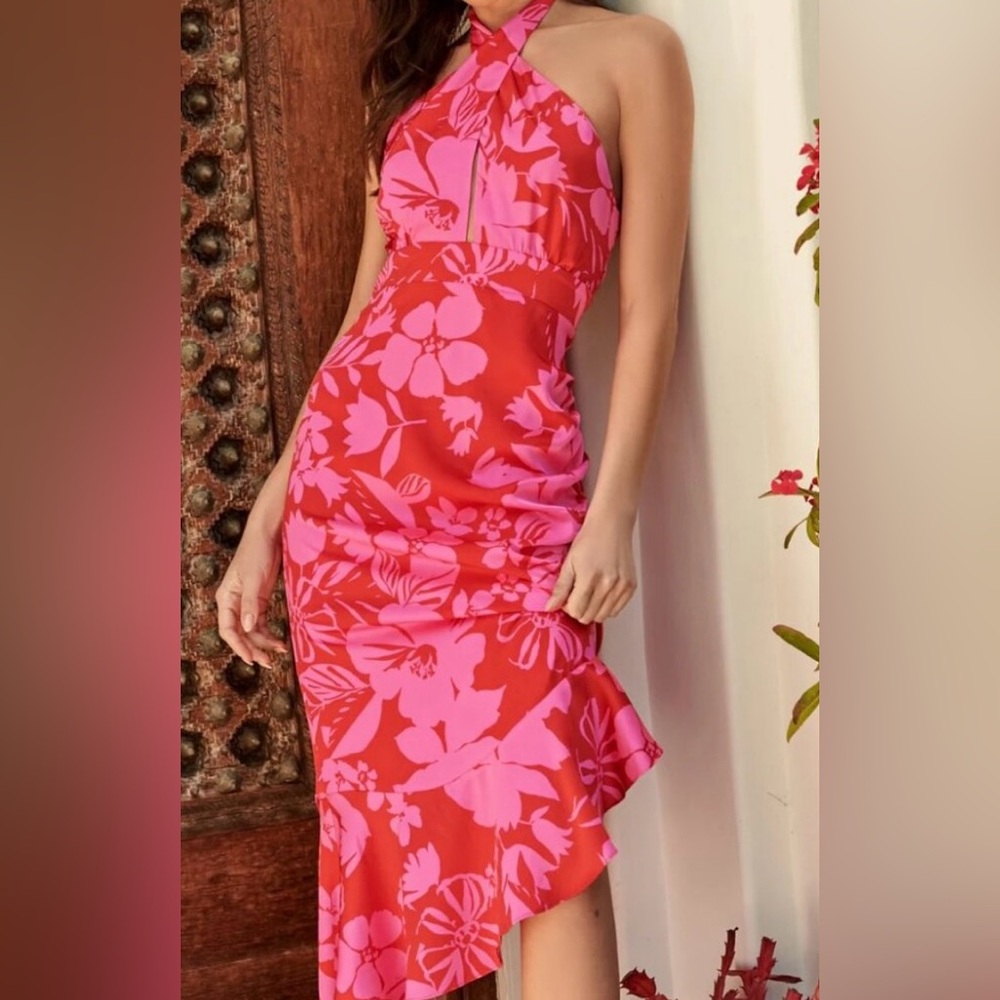 Sugarlips Red and Pink Floral Midi Dress